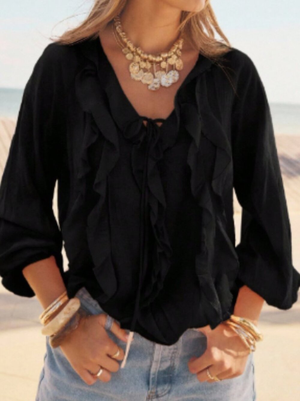NEW 2026 Black Ruffled V-neck  Loose Blouse